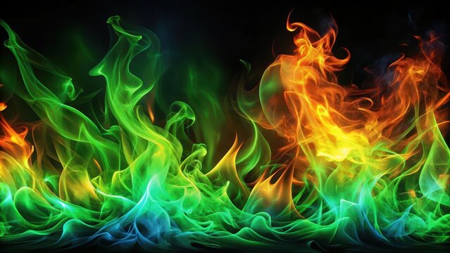 Fiery green flames dance across a dark canvas