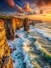 Dramatic cliffs with rugged terrain and crashing waves at sunset