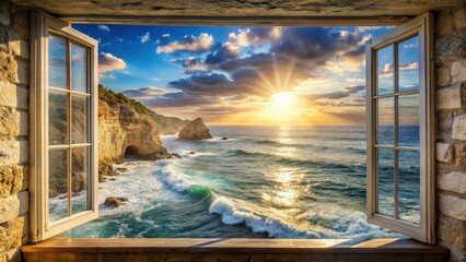 A serene seaside scene with a window framing the vast ocean and salty sea spray