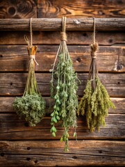 Dried herb bundle suspended from a rustic wooden beam with delicate vines and leaves