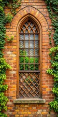 A historic arched window with a wooden lattice in a traditional brick wall surrounded by ornate stonework and lush greenery