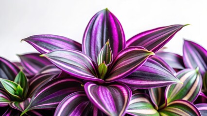 Close-up of vibrant purple Tradescantia leaves against a white background
