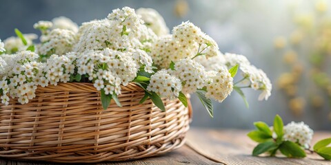 Close-up of gray spirea flowers in a woven wicker basket