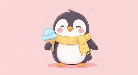 Chubby Penguin with Blue Ice Cream Cone Cartoon Illustration in Black White Yellow and Pink Shades Cute Animal with Winter Scarf Against a Soft Pink Backdrop Detailed Whimsical Vector Design