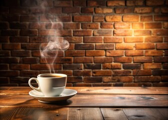 A steaming cup of coffee sits on a rustic wooden table against a warm brick wall with natural textures and earthy tones