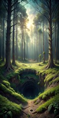 A mysterious earth pit with a dark and foreboding atmosphere