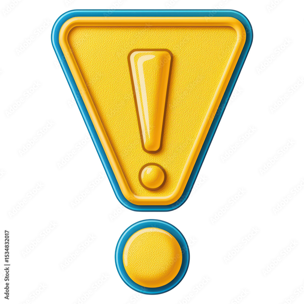 Poster yellow warning sign with exclamation mark in 3d style for caution message, isolated on transparent b