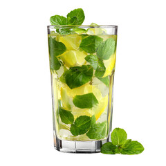 Refreshing lemon and mint drink with ice cubes in tall glass isolated on transparent background