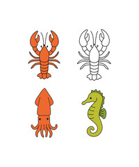 Minimalist Lobster and Seahorse Line Art