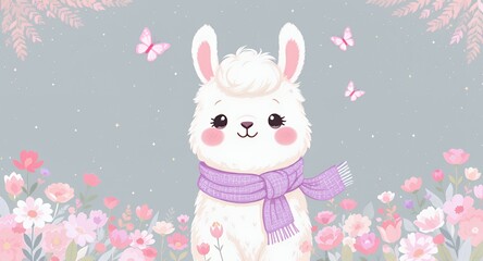 Cute White Llama with Pastel Purple Scarf Surrounded by Pink Butterflies and Flowers in a Soft Gray Pixelated Background