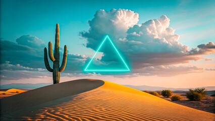 Glowing neon triangle above cactus in desert sand landscape with dramatic sky
