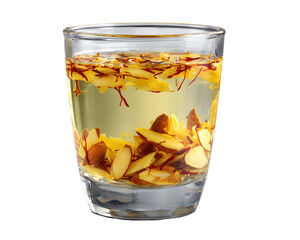 Saffron infused herbal drink with almond slices and flower petals in clear glass isolated on transparent background