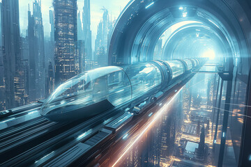 Flying pods and maglev trains cruise through futuristic sky-blue cityscapes in a minimal concept design.