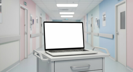 Fototapeta premium Hospital hallway laptop blank screen medical technology healthcare digital health clinic doctor nurse patients telehealth remote medicine online consultation electronic health records EHR
