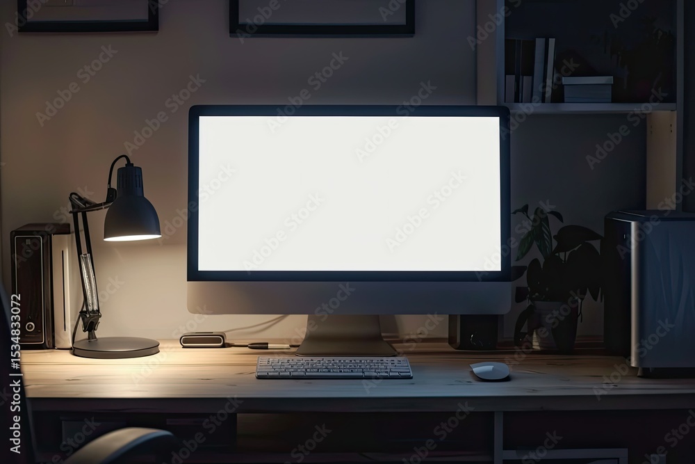 Poster flawless image of front view of office desk with computer and lamp