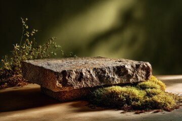Fototapeta premium Natural sandstone podium on a serene earthy backdrop, evoking tranquility in a minimal forest setting
