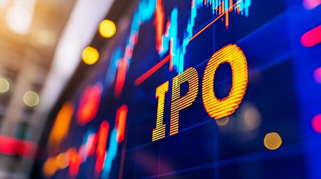 Close-up of golden stock market ticker displaying IPO with financial charts, symbolizing investment opportunities and capital market growth. Financial business and trading concept.
