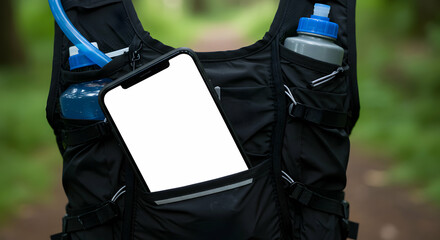 Running Hydration Pack with Blank Smartphone Screen Mockup Trail Running Fitness App Technology Active Lifestyle Outdoors