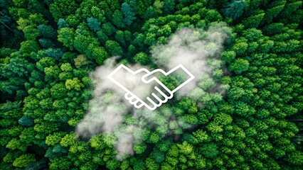 White handshake icon over green forest and cloud aerial view in sustainability concept
