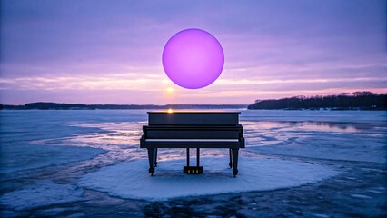Floating purple sphere above black piano on frozen lake during surreal twilight scene
