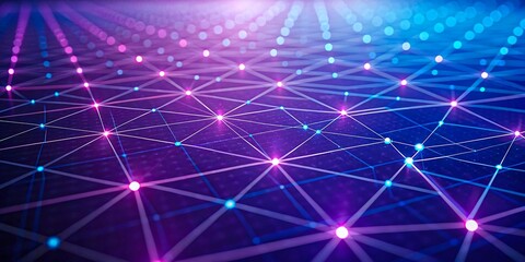 Digital glowing grid with neon points and connected lines in abstract technology network
