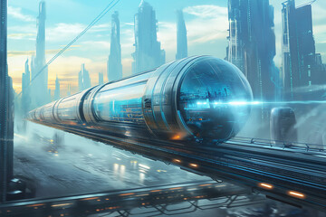 Futuristic transport glides through a clean megacity sky, blending hyperloop, maglev, and flying pods seamlessly.