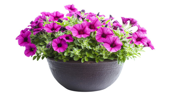Fototapeta Vibrant purple petunias in a decorative pot garden floral photography bright environment close-up beauty of nature