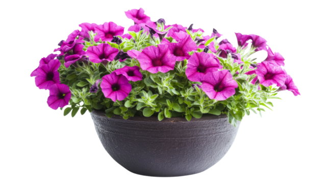 Vibrant purple petunias in a decorative pot garden floral photography bright environment close-up beauty of nature