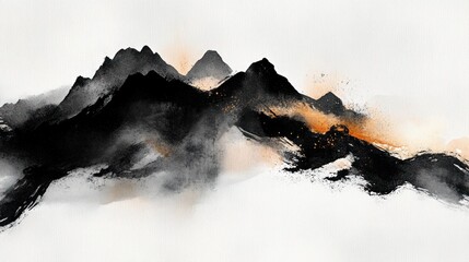 Ink wash painting of majestic mountains, misty peaks and warm sunrise.