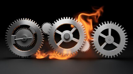 Metal gears burning in flames on dark background.