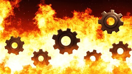 Metal gears in fiery inferno.