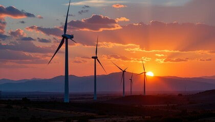 Obraz premium an expansive wind farm under a beautiful sunset, with the golden hue of the sky providing a contrast to the silhouetted turbines