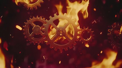 Metal gears spinning in fiery flames.