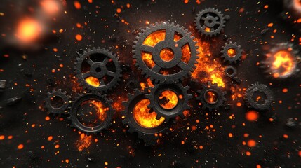 Metal gears surrounded by flames and sparks on a dark background.