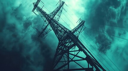 Metal power line tower against dramatic sky.