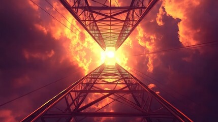 Metal power lines reaching towards a vibrant sunset.
