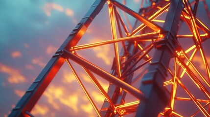 Metal structure, illuminated with warm orange light, against a dramatic sunset sky.  
