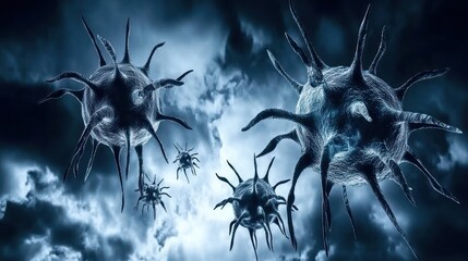 Microscopic pathogens against a stormy sky.  Detailed view of numerous microbes against a dramatic backdrop of dark, ominous clouds.