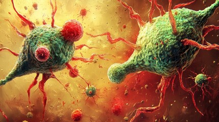 Microscopic view of battling cancer cells.  Immune system cells attacking malignant cells. biotechnology research,  science experiment,  biology,  