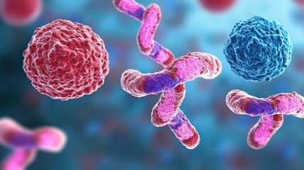Microscopic view of various bacteria and viruses, showing complex structures and different colors.