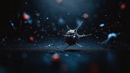 Microscopic virus, dark backdrop,  particles.