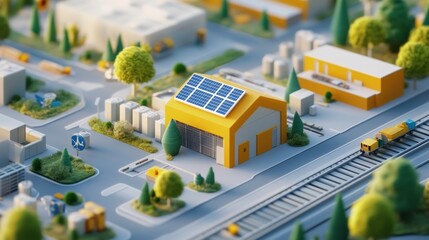 Miniature city model with sustainable buildings, solar panels, and greenery.