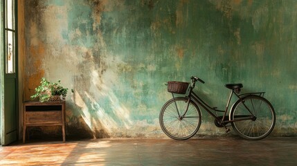 Vintage bicycle in a sun-drenched room with textured walls.