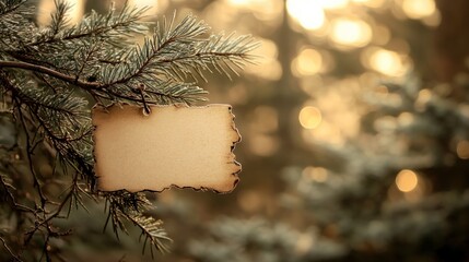 Vintage, burned parchment note, hanging from a pine tree branch, soft focus.