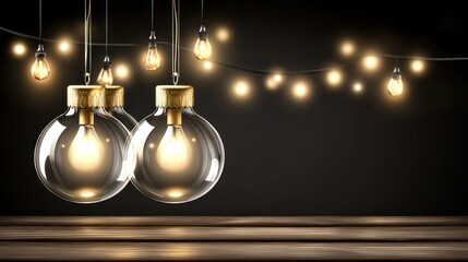 Warm, inviting, glowing light bulbs hanging from string lights over a wooden surface.