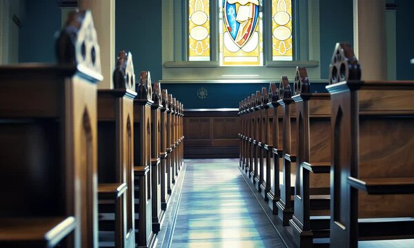 Wooden Pews Lead To Stained Glass In Quiet Church Interior With Soft Light