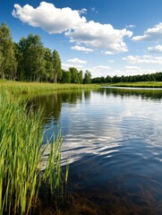 Obraz premium Leeyongjay nature reserve offers tranquil realistic photography scenery with copy space beside lake, framed by lush trees under a bright blue sky with clouds.