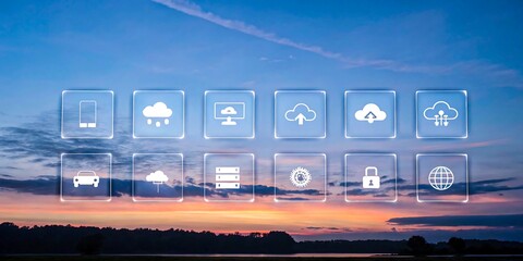 Futuristic transparent smart interface with cloud service icons over scenic sunset landscape
