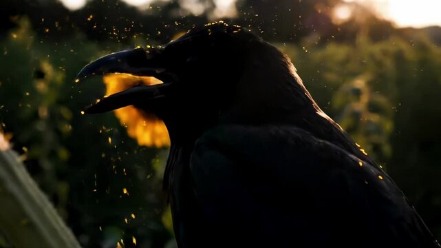 crow squawk - A crow perched near a sunflower field at sunset, capturing the moment as sunlight filters through the leaves, creating a serene atmosphere