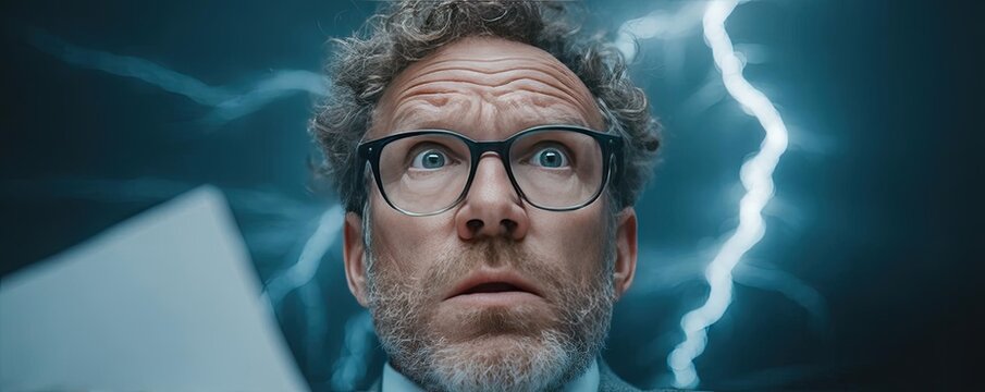 Economic uncertainty analysis in wealth and crisis concept. A bewildered businessman in a dramatic lightning storm.